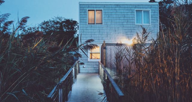 beach house with tall plants at dusk