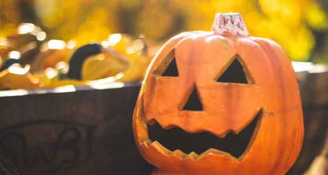 pumpkin cut into a scary face for Halloween