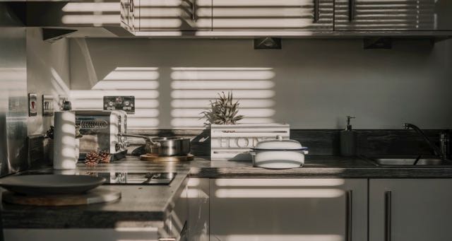 kitchen in early moring with the sun filtering in